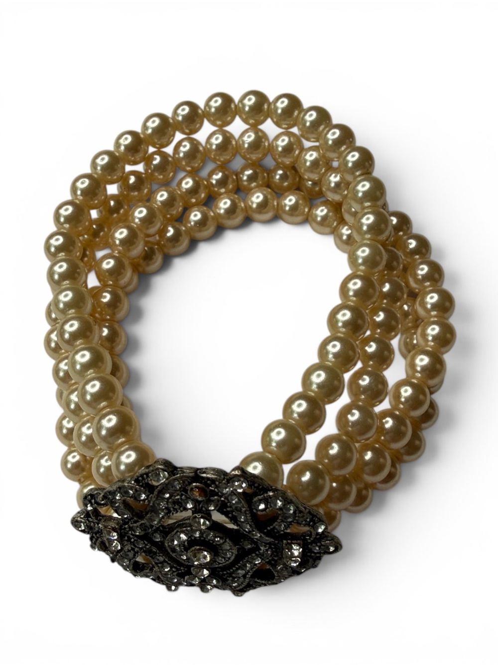 Vintage Faux Pearl Stretch Bracelet w/ Ornate Rhinestone Centerpiece - Picture 7 of 11